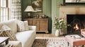 Antique cottage sitting room, green wall living room interior design and country house home decor, sofa, fireplace and lounge