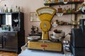 Antique counter in the store. Old scales. Royalty Free Stock Photo