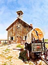 Antique covered wagon and settler church in watercolor