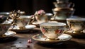 Antique crockery set ornate teapot, tea cup, saucer, and mug generated by AI Royalty Free Stock Photo