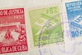 Antique cuban stamps with postmarks. Vintage historic philately. Royalty Free Stock Photo