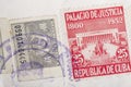 Antique cuban stamps with postmarks. Vintage historic philately. Royalty Free Stock Photo