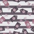 Antique cuckoo clock seamless doodle pattern in hand drawn style. Striped background. Random print Royalty Free Stock Photo