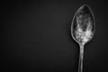 Antique cutlery on black background. Silver spoon isolated, black and white. Silverware with copy space. Silver cutlery. Royalty Free Stock Photo