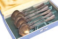 Antique cutlery teaspoons in box Royalty Free Stock Photo