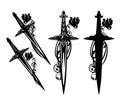 Antique dagger knife and rose flower black and white vector design set