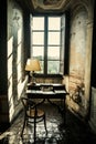 Antique desk. Historical lectern in front of a window. Royalty Free Stock Photo