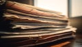 Antique desk holds messy stack of old paperwork and literature generated by AI