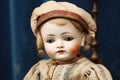 antique doll with missing eye, emphasizing age and wear