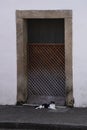 Antique door details in color with shadow, iron, cement, wood