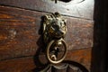 Antique door with a door knocker in the form of a lion`s head holding a ring in its teeth. Architecture of old Europe, details Royalty Free Stock Photo