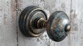 Antique door handle on a distressed wooden door. Vintage doorknob with character. Concept of the passage of time, old Royalty Free Stock Photo