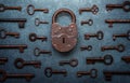 Antique door locks and keys on an old background. Old padlock and key. set as a symbol of security, closeness, history, Royalty Free Stock Photo