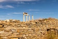 Antique doric columns and ruins on DELOS Island - mythological, historical, and archaeological site in Greece during sunny day