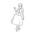 Antique Dressed Lady. Old Fashion Vector Illustration. Victorian Woman In Historical Dress. Vintage Stylized Drawing