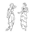 Antique Dressed Lady. Old Fashion Vector Illustration. Victorian Woman In Historical Dress. Vintage Stylized Drawing