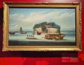 Antique Dutch Folly Fort Junk Boats Oil Canvas Painting Pearl River Harbor