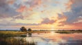 Antique Dutch Landscape Painting: Beautiful Lake And Sunset Royalty Free Stock Photo