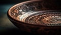 Antique earthenware bowl with ornate pattern on wooden table generated by AI