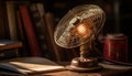 Antique electric fan turning on wooden table generated by AI