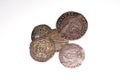 Antique England and Franch Silver coins on white background