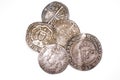 Antique England and French Silver coins on white background