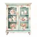 Antique English Tea Cabinet With Pink Roses - Delicate Realism And Traditional Ink Painting