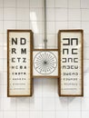 An antique eye chart in an old eye clinic, vintage eye chart with lettering and symbols, optical examination equipment