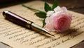 Antique feather pen on old letters with rose flower Royalty Free Stock Photo