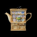 Antique figured teapot with hand painting. retro teapot in the shape of a sideboard