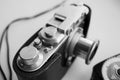 Vintage film camera in a leather case Royalty Free Stock Photo