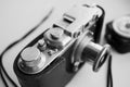 Vintage film camera in a leather case Royalty Free Stock Photo