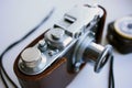 Vintage film camera in a leather case Royalty Free Stock Photo