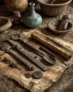 Antique surgical tools with pottery Ã¢â¬â flatlay Royalty Free Stock Photo