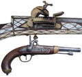 Antique flintlock rifle and percussion pistols. Evolution of Firearms.