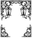 Antique flourish elements and streetlights lamps forming black and white vintage frame design with border and corners Royalty Free Stock Photo