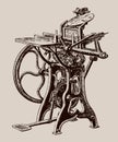 Vintage foot-treadle platen printing press in three quarter view