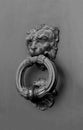 Antique forged lion head door knocker. Vintage design. Black and white photography Royalty Free Stock Photo