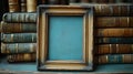 Antique frame, books, library, mockup, teal background Royalty Free Stock Photo