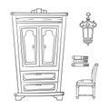 Antique furniture set - closet, lamp, book and chairs isolated on Royalty Free Stock Photo