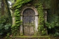 antique garden door covered in ivy and moss