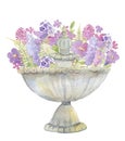 Antique garden urn with beautiful flowers. Vintage sculpture. Architectural element in victorian style. Royalty Free Stock Photo