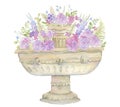 Antique garden urn with beautiful flowers. Vintage sculpture. Architectural element in victorian style.