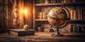 Antique globe and aged book on wooden desk in study. Generative AI Royalty Free Stock Photo