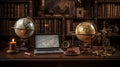 An antique globe positioned next to contemporary business tech gadgets on a mahogany desk