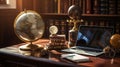 An antique globe positioned next to contemporary business tech gadgets on a mahogany desk