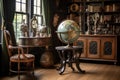 antique globe on a wooden stand in a vintage study