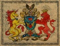 Antique gobelin with unicorn and lion beast on texture background