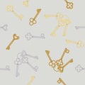 Antique gold, silver and copper keys, seamless pattern Royalty Free Stock Photo