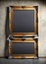 Antique golden art fair gallery frame with metal decorations and blank copy space